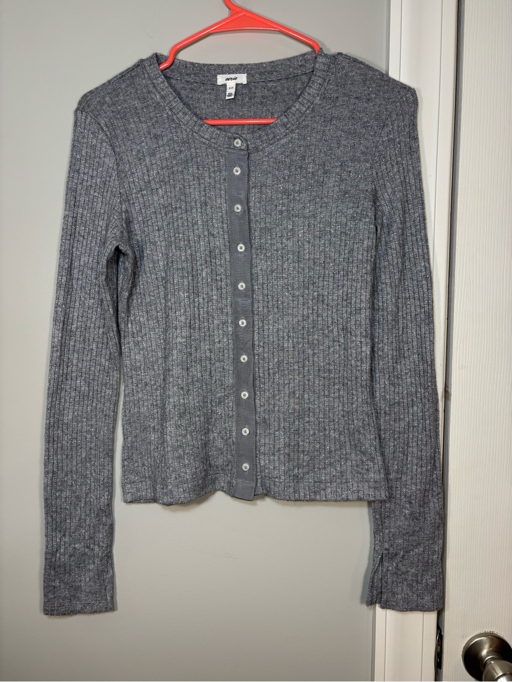 Aerie Gray Shimmer Metallic Ribbed Button Down Cardigan Top size Small
